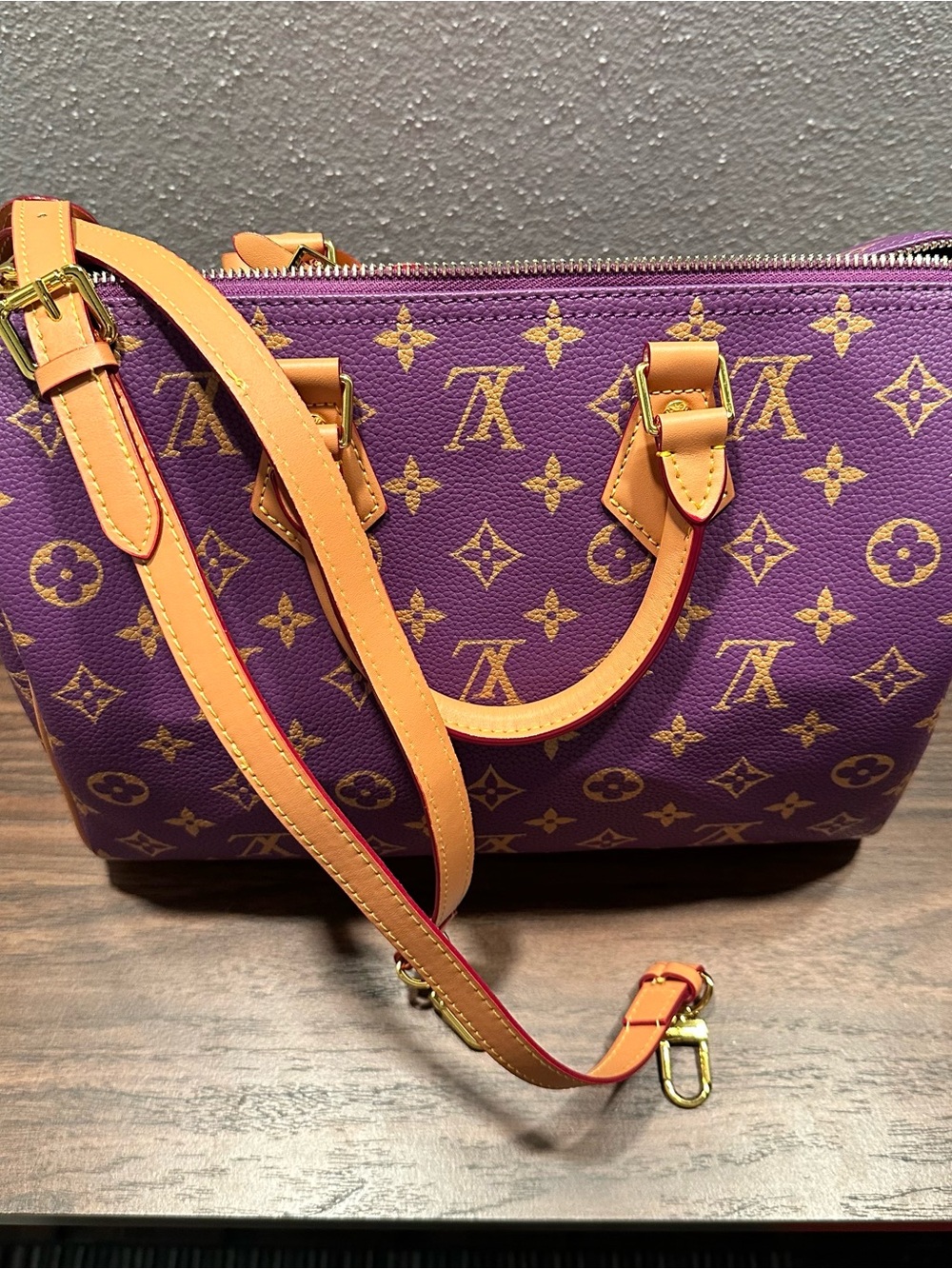 RARE INSPIRED Purple Monogram Satchel with Tan Leather Trim Size 30 P9 - Picture 9 of 15